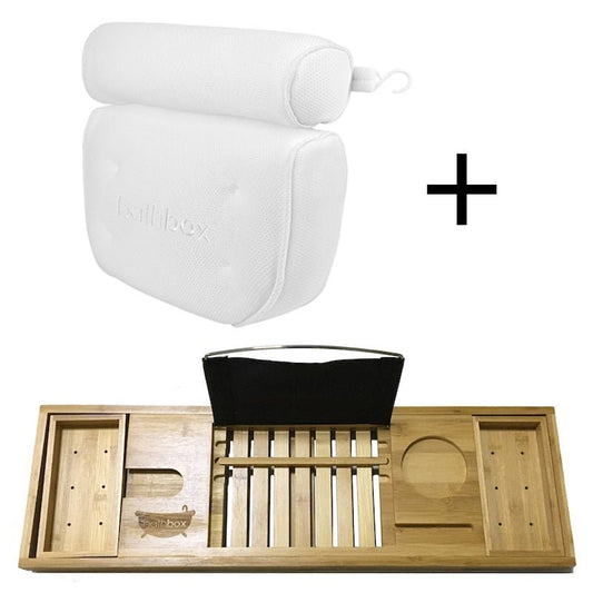 Bath Pillow & Bath Caddy Gift Set Bundle With Bathtub Cushion Support & Tray Stand by Bath Box Australia