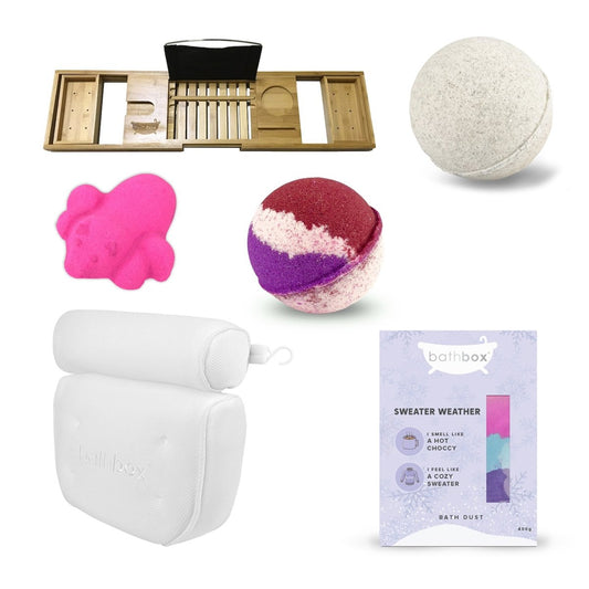 Bath Pillow, Bath Caddy, Bath Bombs & Bath Dust Christmas Gift Set