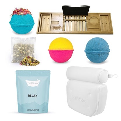 Relaxing & De-Stress Bath Gift Set - Bath Pillow & Caddy, Bath Bombs, Salts & Soaks by Bath Box Australia