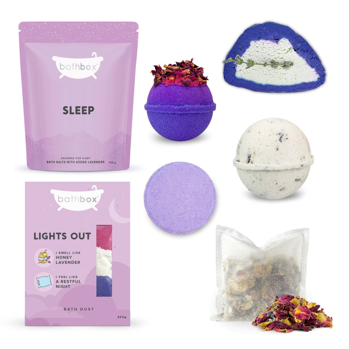 Bedtime Sleep Bath Gift Set - Bubble Bar, Bath Bombs, Salts & Soaks, Shower Steamer by Bath Box Australia